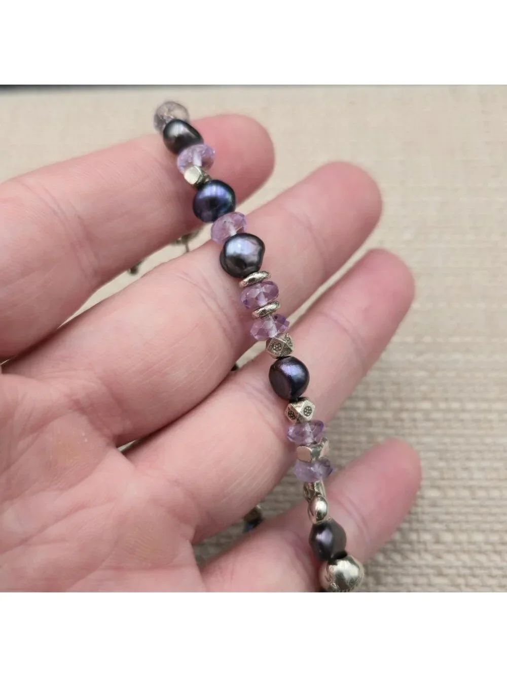 7.5 Inch Sterling Silver Black Pearl Amethyst Bead Rope Toggle Bracelet A8160